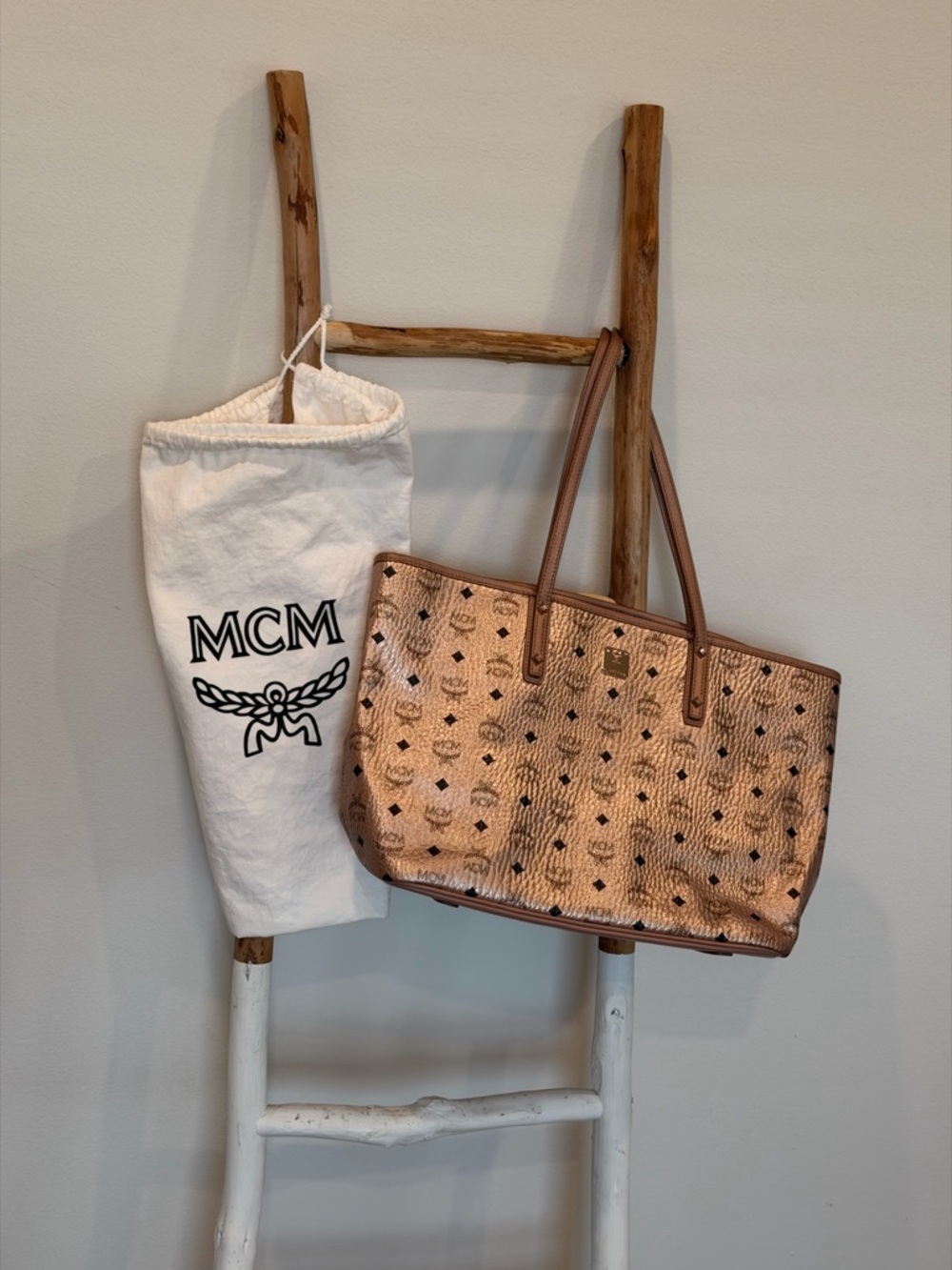 MCM Metallic Rose Gold Visetos Tote
